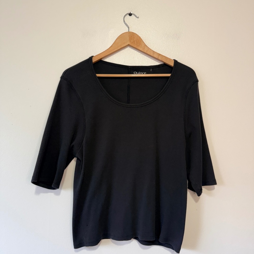 Black Organic Cotton Rib‎ Knit 3/4 Sleeve Scoop Neck Top Minimalist Seam Back